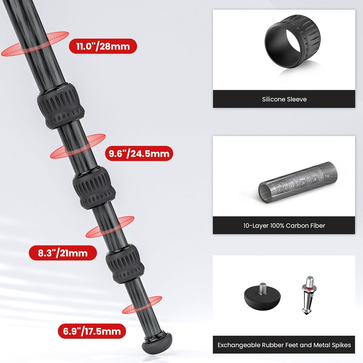 Statief camera koolstofvezel – Camerastatief – Fotostatief – Videostatief – Tripod – 360° panoramische kogelkop met Arca Swiss – Afneembare middenkolom, belastbaar tot 18 kg
