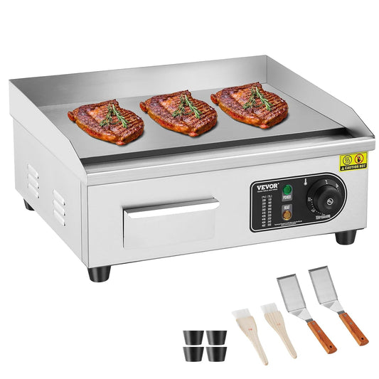 VEVOR Elektrische grillplaat, 2800 W, instelbare temperatuur 50-300 °C, plaat van roestvrij staal 45 x 30 x 1 cm, met 2 vleugels en 2 borstels voor thuis of restaurant