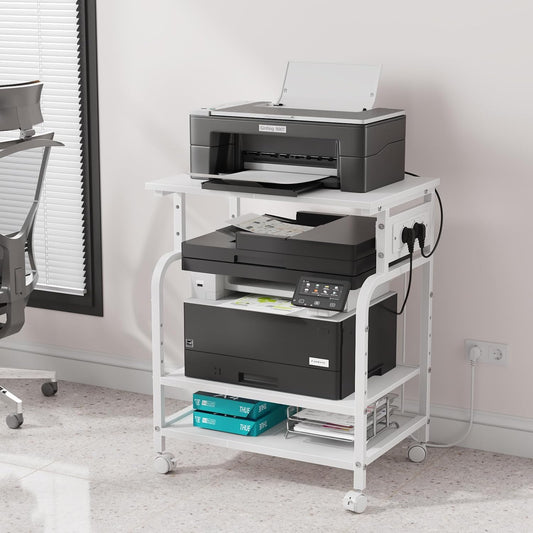 Printertafel met Stopcontact en USB-C, 3 Verstelbare Planken, Mobiel met Remwielen voor 3D-printer & Laserprinter, Multifunctioneel wit