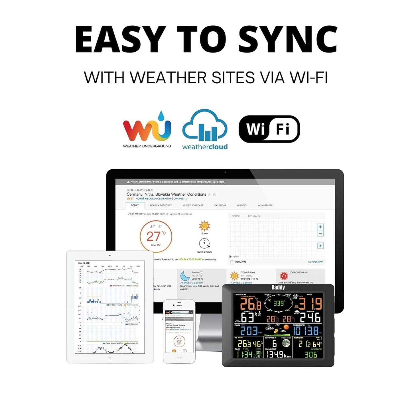 Raddy WF-100C Weerstation met buitensensor radio, 14-in-1 wifi-binnen-buitenthermometer met 10 inch digitaal kleurendisplay, windmeter, regenmeter, zonnesensor voor thuis, kantoor, tuin