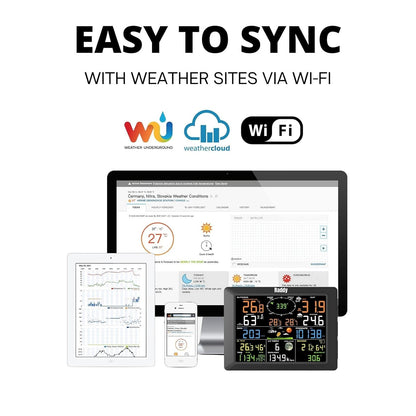 Raddy WF-100C Weerstation met buitensensor radio, 14-in-1 wifi-binnen-buitenthermometer met 10 inch digitaal kleurendisplay, windmeter, regenmeter, zonnesensor voor thuis, kantoor, tuin