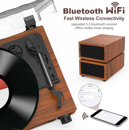 Platenspeler - Geïntegreerde Luidsprekers - Vintage Fonograaf - met Bluetooth 5.3 Ondersteunt - 2 Dubbele Stereoluidsprekers - 3 Snelheden - AUX - RCA - USB - Draadloos Afspelen - Hout - Bruin