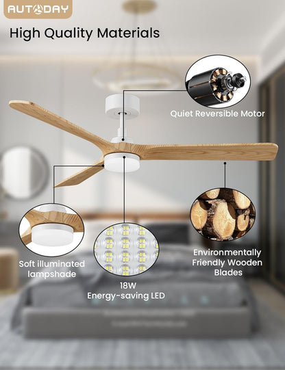 Bois Ventilateur Plafond avec Lampe Silencieux Moteur DC 30W ventilateurs de plafond diamètre 132 cm (52") avec 3 Pales réversibles Télécommande fonction mémoire et minuterie 6 vitesses