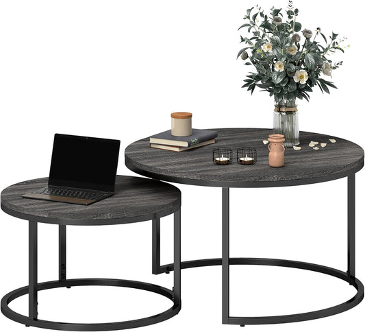 HOMCOM Couchtisch rund 2er Set Stapelbarer Beistelltisch mit Metallrahmen, Wohnzimmertisch mit Holzoptik Kaffeetisch für Wohnzimmer Schlafzimmer Schwarz - QUORE