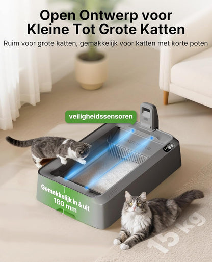PETKIT PUROBOT CRYSTAL DUO Zelfreinigende Kattenbak, AI-camera, Automatisch Reinigende Kattenbak, Bidirectionele Reiniging, Vervangbare Tray, Gezondheidsmonitoring, Geurverwijdering, Grijs