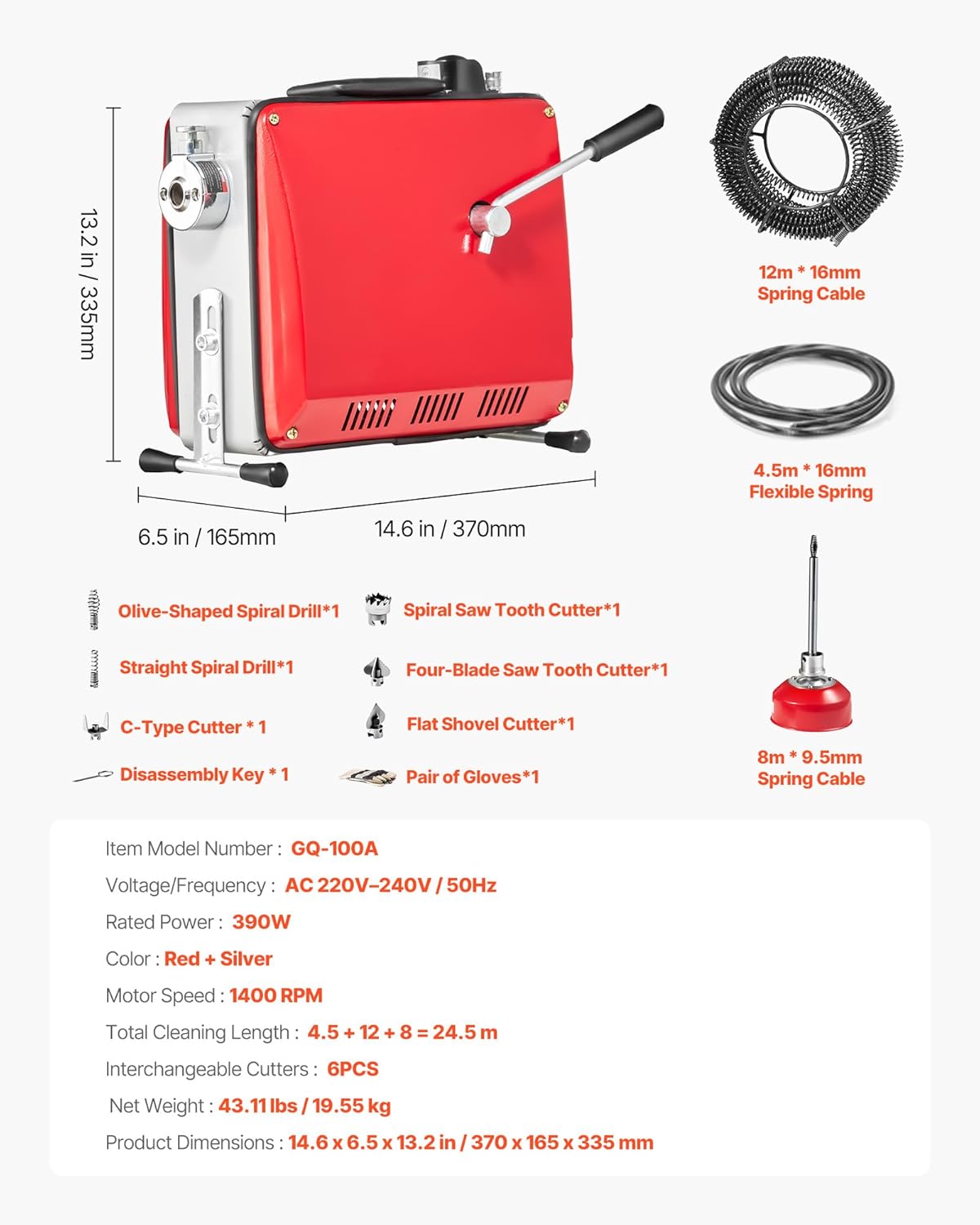 VEVOR Electric Pipe Cleaner 390 W 1400 rpm with 12 m x 16 mm Spring Cable and 6 Cleaning Heads Suitable for Tubes Diameter 50 to 110 mm