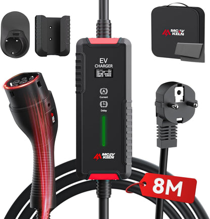 Oplader Type 2 – Elektrische Autolader – EV Oplaadkabel – Laadkabel – EVSE Kabel – 3,6 kW Met Schuko – Schakelbare Stroom 6-16 A – IP65 Waterdicht – 8 Meter Kabel Met Draagtas