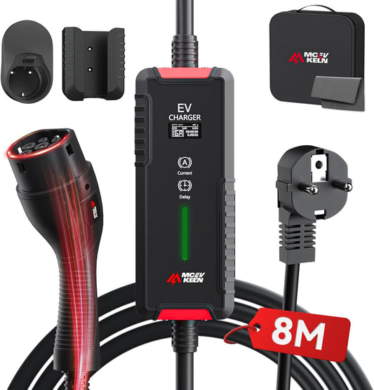 Oplader Type 2 – Elektrische Autolader – EV Oplaadkabel – Laadkabel – EVSE Kabel – 3,6 kW Met Schuko – Schakelbare Stroom 6-16 A – IP65 Waterdicht – 8 Meter Kabel Met Draagtas