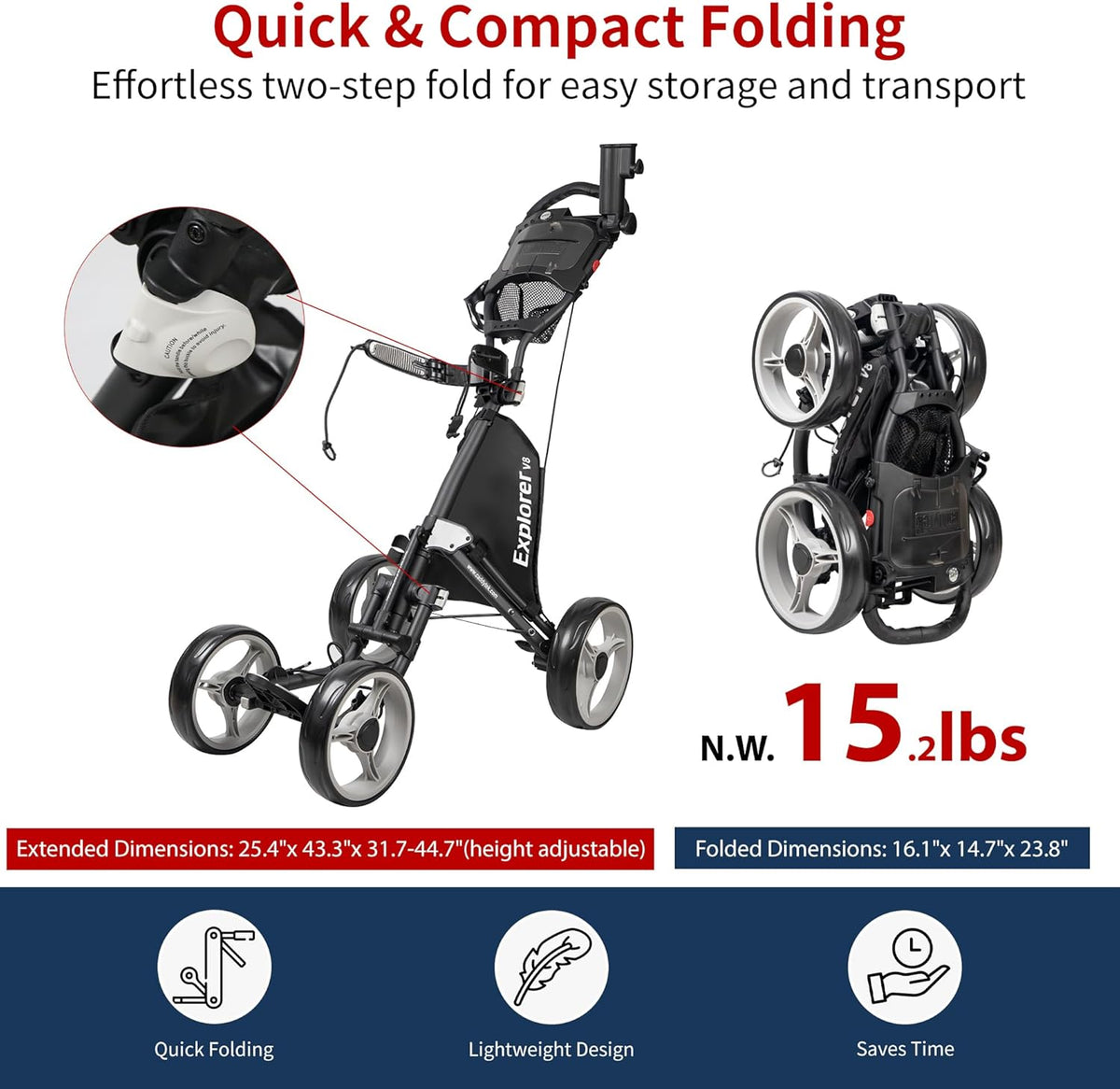 Caddytek Explorer V8 - SuperLite 4 Wheel Golf Push Cart, Explorer Versie 8