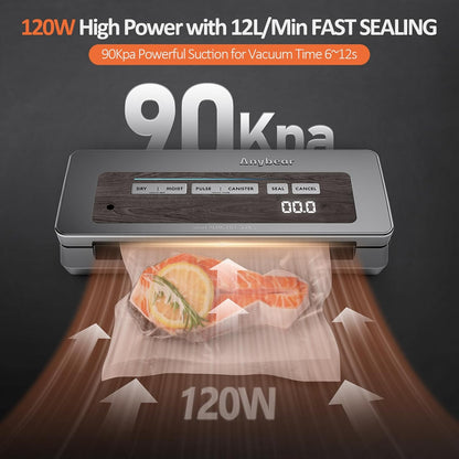 Vacuümmachine, 90 kPa, 100 W, brede afdichting, alles in één, krachtige opslag van levensmiddelen, geïntegreerde snijder, bewaren van zakken, 2 rollen zakken (grijs)