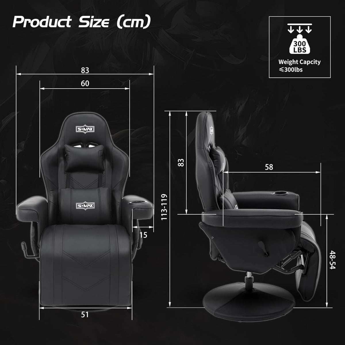 S*MAX Gamingstoel met voetensteun, in hoogte verstelbaar, gamingstoel, hoge rugleuning, verstelbare rugleuning, bekerhouder, zijzak, gamerstoelen voor volwassenen, zwart, X large