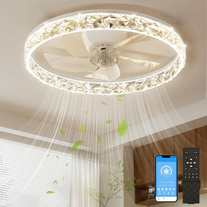NIORSUN 50,8 cm led-ventilator met lampen en afstandsbediening app, dimbaar, laag profiel, plafondventilator voor inbouw, traploze kleurtemperatuurverandering en 6 snelheden