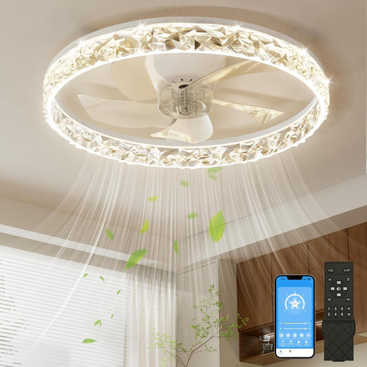 NIORSUN 50,8 cm led-ventilator met lampen en afstandsbediening app, dimbaar, laag profiel, plafondventilator voor inbouw, traploze kleurtemperatuurverandering en 6 snelheden