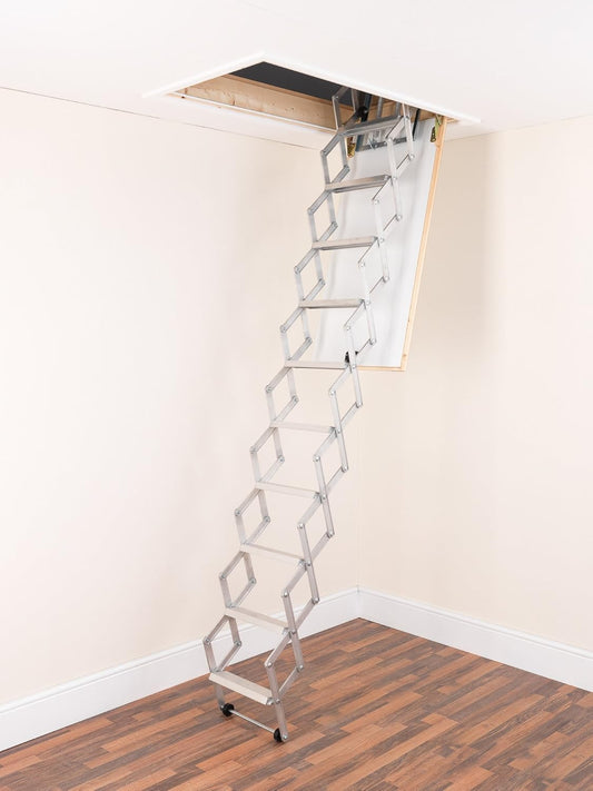 Alufix 9-Tread Concertina Loft Ladders - Ideaal voor kleine zolderruimtes | Easy DIY Fit | Aluminium | Vloer tot plafond 2.19m-2.46m (7.2ft-8.1ft)