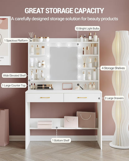Hzuaneri Dressing Table with Mirror and LED Lighting, Adjustable Brightness, Dressing Table with Shelves and 2 Drawers, for Bedroom, Living Room, 40 X 100 X 149 cm, WhiteDT38703X