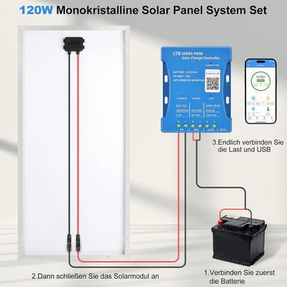 Monokristallijn Zonnepaneel-Kit, 120W, 12V Zonnepaneel, 120 Watt, bevat 20A Bluetooth Zonne-Laadregelaar + 5M Zonnekabel + Z-brackets voor Camper, Boot, Caravan, Huishouden