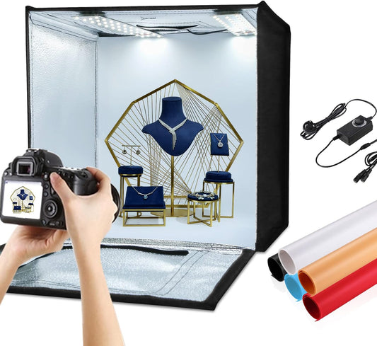 PULUZ Fotostudio 23,6 '/60 cm, wit licht, dimbaar, lichttent, draagbare opvouwbare studiobox voor zakelijke productverkoopartikelen online met zachte doek, 2 lichtborden en 3 pvc-kleuren, 3 vlies-achtergronden
