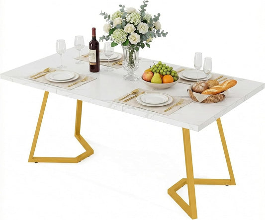 Ovale Eettafel – Ronde Tafel – Marmeren Eettafel – Witte Eettafel – 6 Persoons Tafel – 140x80x75 cm – Wit Met Gouden Accenten – Met Stevig Metalen Onderstel