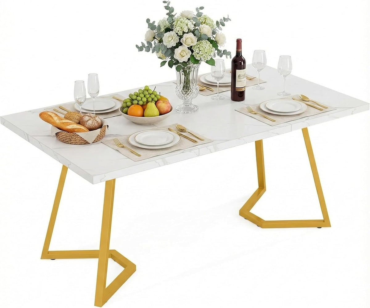 Lailang 140cm Eettafel, Oval Dining Table, Eetkamertafel Marmer, Eettafel 6 Personen, White Dining Table, 140 x 80 x 75 cm, White Gold