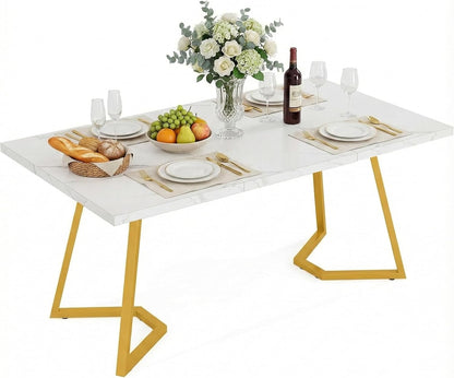 Lailang 140cm Eettafel, Oval Dining Table, Eetkamertafel Marmer, Eettafel 6 Personen, White Dining Table, 140 x 80 x 75 cm, White Gold