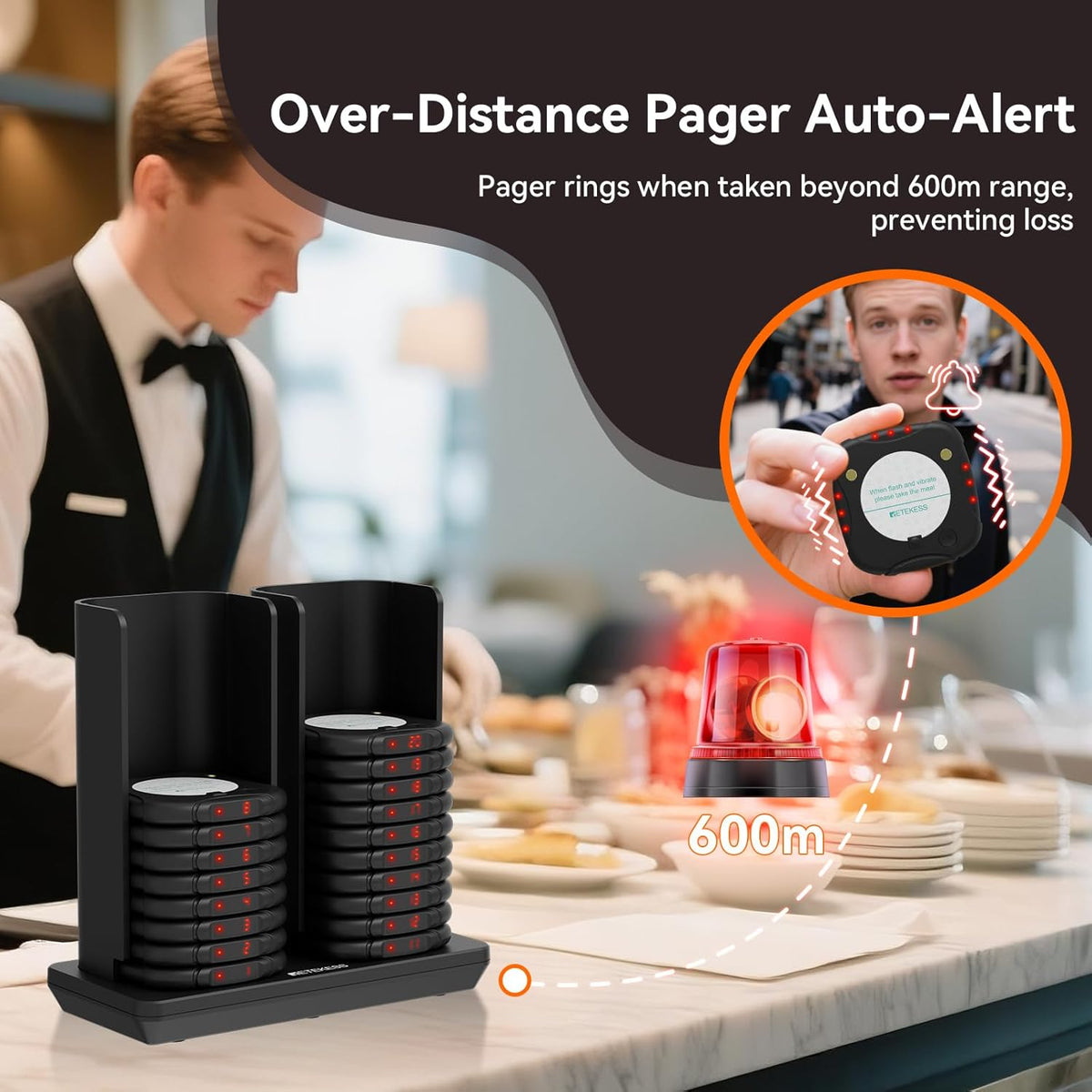 Retekess TD186 Restaurant Pager System, Buzzers For Restaurants, Range 600M, Anti-Dumping Design, One-Button Mute, 64 Prompt Modes, 20 Pagers For Food Trucks, Hotels, Churches, Bars - QUORE