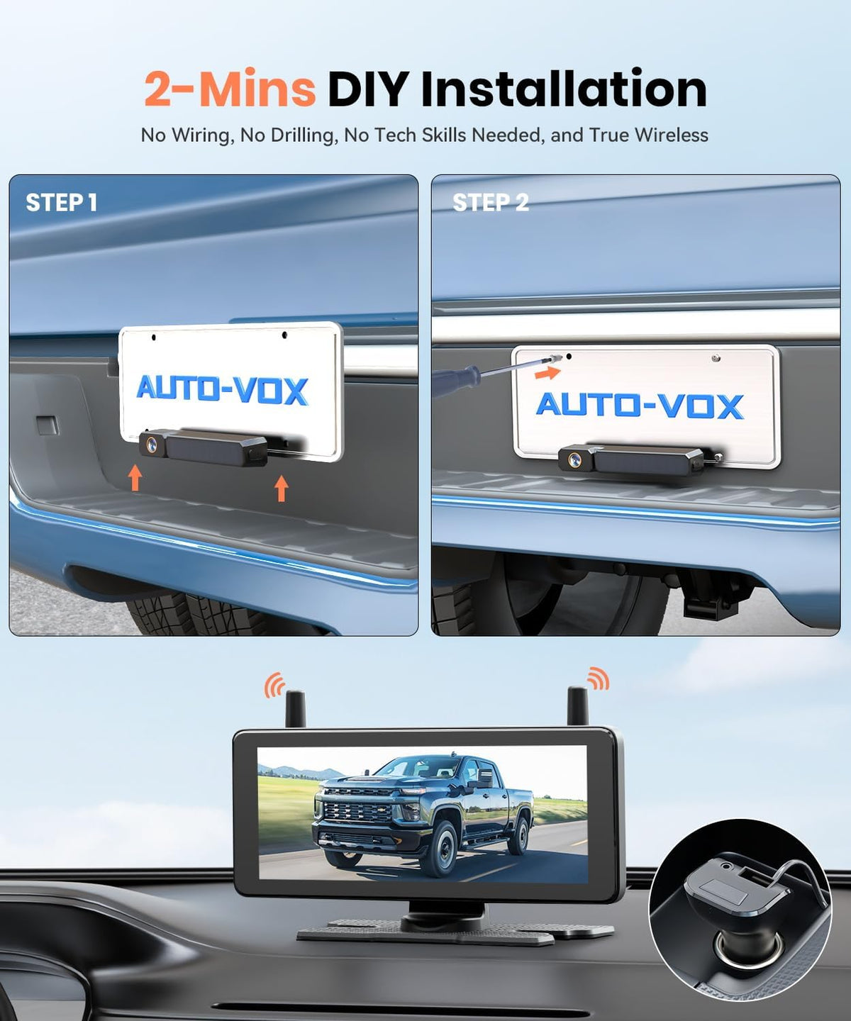 AUTO-VOX 7,2 inch draadloze achteruitrijcamera op zonne-energie met DVR-lusopname: HD 1080P, snelle installatie van 2 minuten, gesplitst scherm omgekeerde camerakits voor auto, bestelwagen, SUV