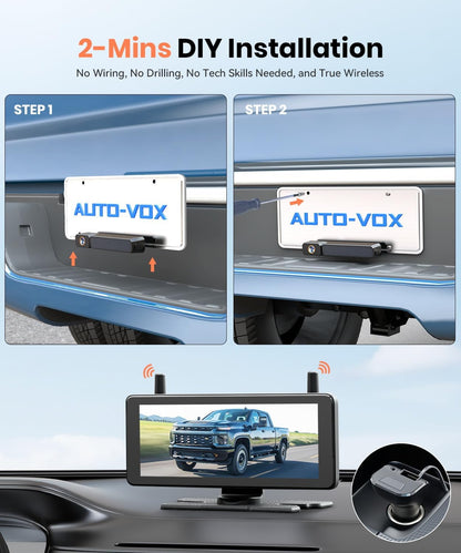 AUTO-VOX 7,2 inch draadloze achteruitrijcamera op zonne-energie met DVR-lusopname: HD 1080P, snelle installatie van 2 minuten, gesplitst scherm omgekeerde camerakits voor auto, bestelwagen, SUV