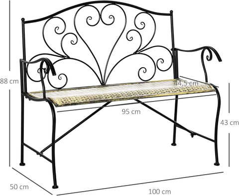 Tuinbank - Buitenbank - Terrasbank - Balkonbank - 2-zitsbank - met Metaal Frame - Armsteunen - Neo-Retro Stijl - Tuinmeubelen - voor Tuin - Terras - Balkon - Epoxy Meubelafwerking - 100 x 50 x 88 cm - Zwart