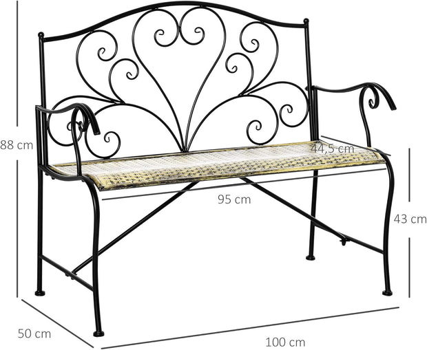 Tuinbank - Buitenbank - Terrasbank - Balkonbank - 2-zitsbank - met Metaal Frame - Armsteunen - Neo-Retro Stijl - Tuinmeubelen - voor Tuin - Terras - Balkon - Epoxy Meubelafwerking - 100 x 50 x 88 cm - Zwart