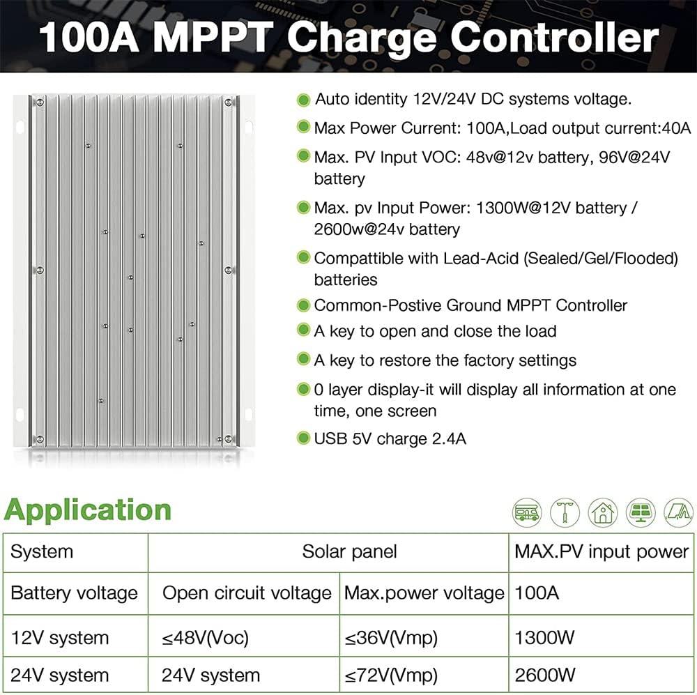 100A Solar Charge Controller MPPT Solar Charge Controller 12V 24V DC 100V Automatische Identificatie, 99% laadefficiëntie Solar Controller voor lithium / GEL / Flooded batterij