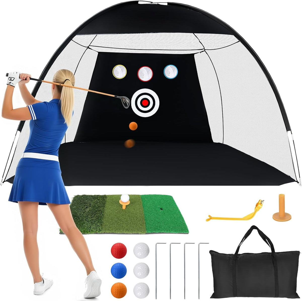 10 × 7 FT Golf Oefennet - Golfslagnet met Swing Trainer Praktijkmat Draagtas 6 oefenballen voor binnen buiten rijden en chippen praktijk duurzaam net voor chippen volledige swing training