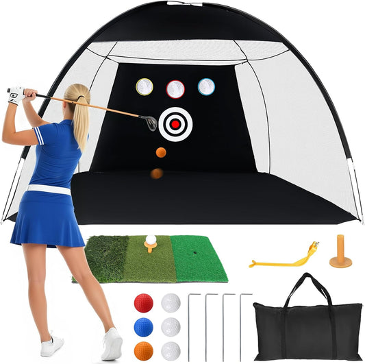 10 × 7 FT Golf Oefennet - Golfslagnet met Swing Trainer Praktijkmat Draagtas 6 oefenballen voor binnen buiten rijden en chippen praktijk duurzaam net voor chippen volledige swing training