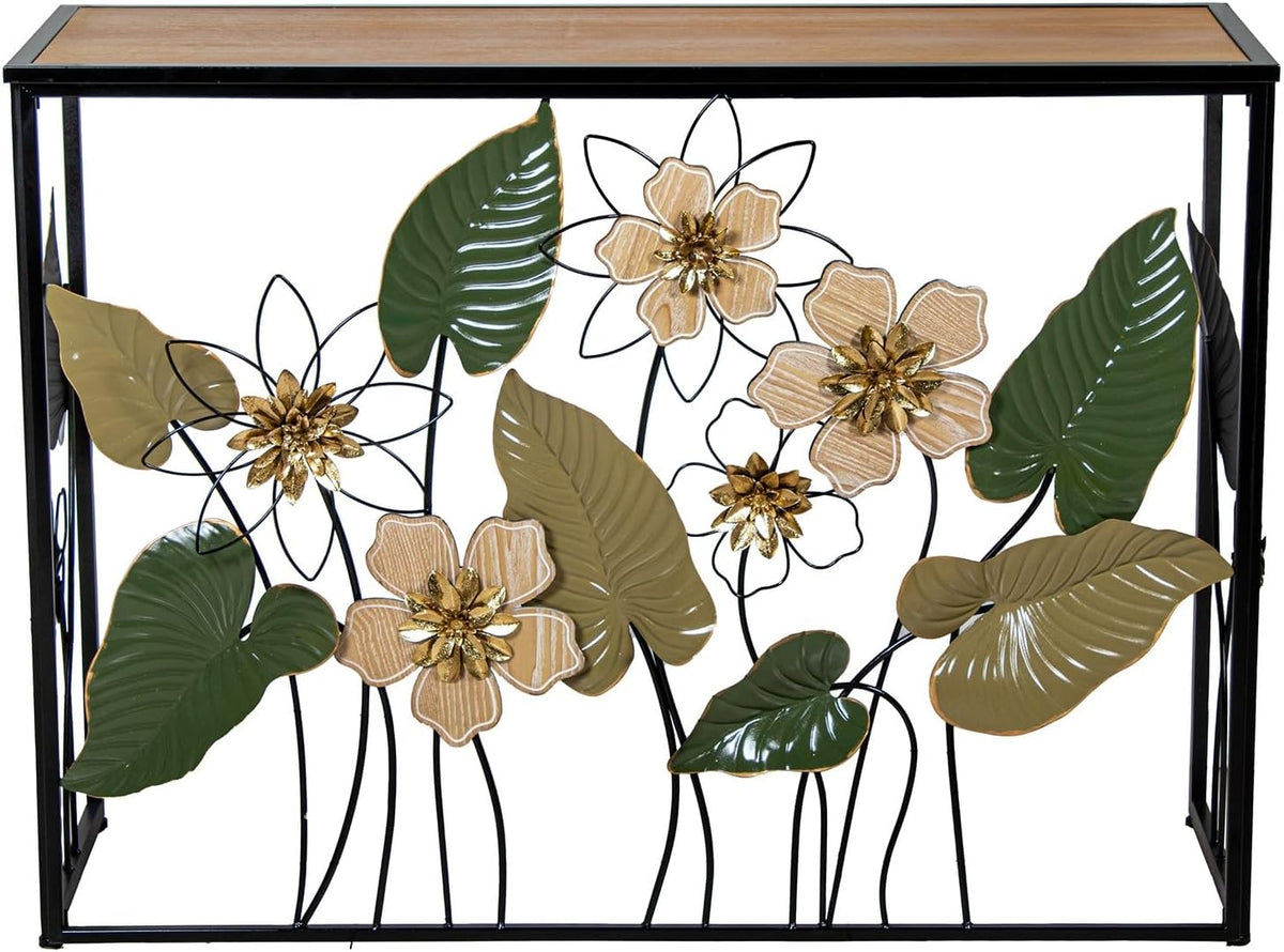 DRW Consoletafel van metaal en hout met bloemen, aarde en groentinten, 37 x 108 x 80 cm