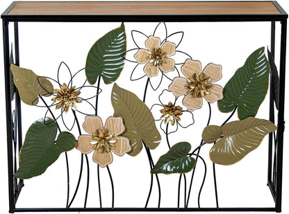 DRW Consoletafel van metaal en hout met bloemen, aarde en groentinten, 37 x 108 x 80 cm