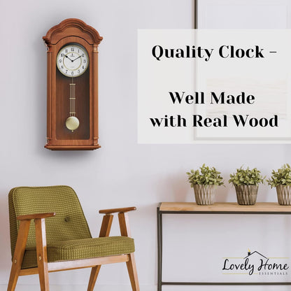 Pendulum Wall Clock Battery Operated - Large, Wooden Hanging Grandfather Wall Clock with Pendulum - Quiet, Made with Real Wood for Living Room Decor, Office & Home Décor Gift 26x12