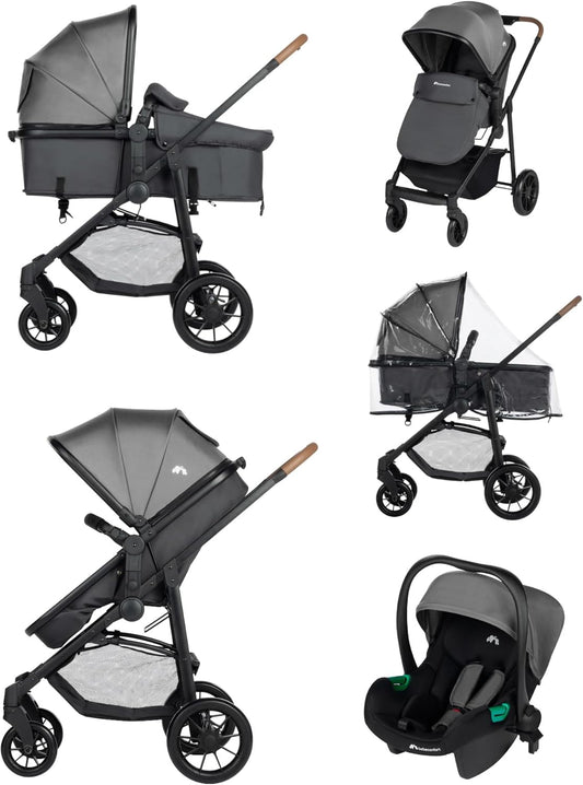 Bebeconfort Haze Trio, 3-in-1 reissysteem kinderwagen, 0-4 jaar, max. 22 kg, 2-in-1 zitgedeelte, omkeerbare en lichte kinderwagen, i-Size babyautostoeltje, opvouwbaar, opbergmand, Tinted Stone