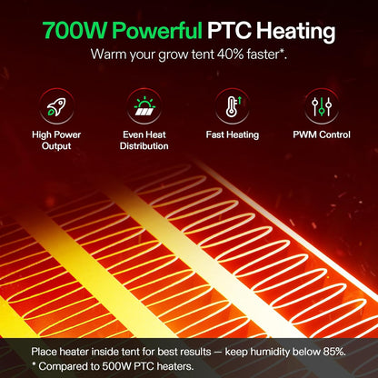 VIVOSUN AeroFlux Smart Grow Tent Heater, 700 W PTC Heater with Thermostat, VPD Monitoring, App Control, Overheat Protection and Extension Hose for Grow Tents, Rooms and Greenhouses - QUORE