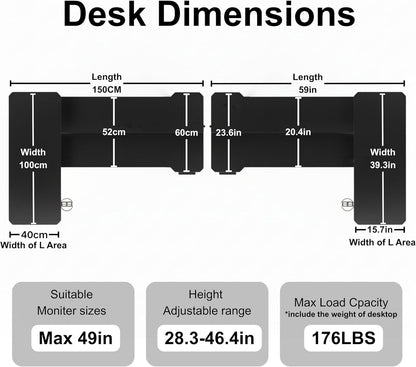 Elektrisch in Hoogte Verstelbaar Bureau, 150 x 100 CM Verstelbare Tafel met Bekerhouder en Haak, Antracietzwart