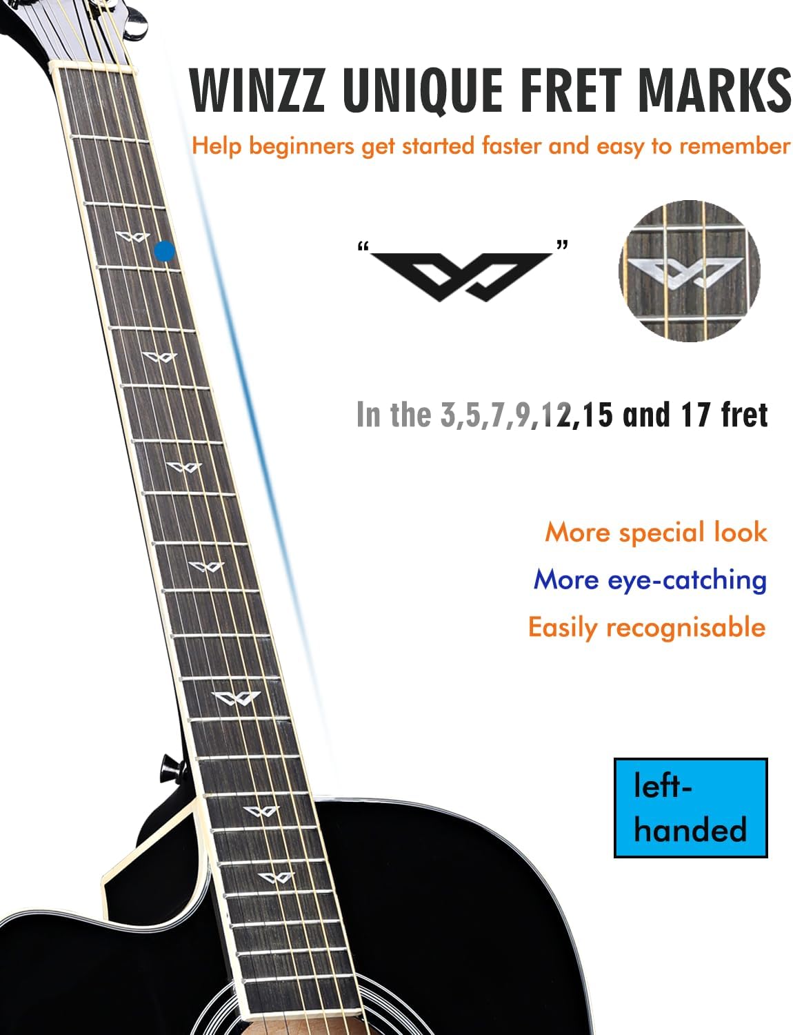 Winzz Elektro-akoestische gitaar voor volwassenen, 4/4 full-size beginnersgitaar folk voor kinderen vanaf 12 jaar (linkshandig, zwart)