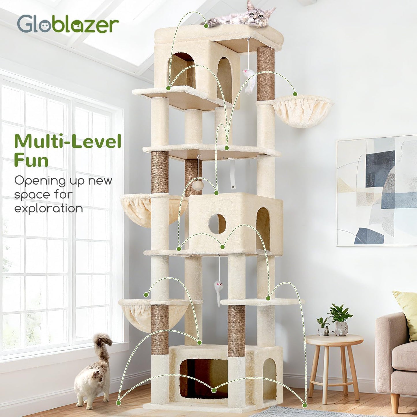 Globlazer Cat Tree Beige Large, Cat Tree XXL high 204cm with 3 cat house, 2 Large Platform, 2 Cat Baskets Soft, Stable cat tower Luxury for 3-5 Large cats Rest Play Indoor (F80F, Beige) - QUORE