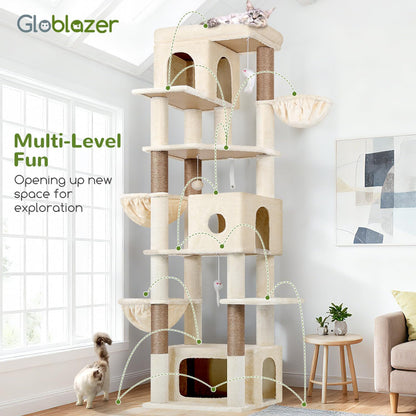 Globlazer Cat Tree Beige Large, Cat Tree XXL high 204cm with 3 cat house, 2 Large Platform, 2 Cat Baskets Soft, Stable cat tower Luxury for 3-5 Large cats Rest Play Indoor (F80F, Beige) - QUORE