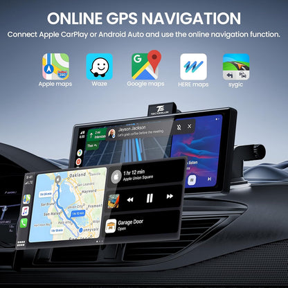 10,3 inch draadloos Carplay scherm voor auto met 4K Dash Cam & 1080P Backup Camera, Draagbare Auto Audio Ontvangers met Carplay & Android Auto, GPS Navigatie, Airplay, Mirror Link