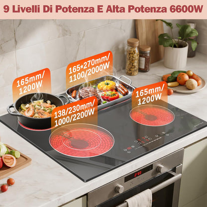 NOXTON Keramische kookplaat, 4 platen, inbouw, keramische kookplaat, 60 cm, met ovale zone voor grillpan, kookplaat, 4 kookplaten met touch-bediening, timer, kinderbeveiliging, 220 V-240 V, 6600 W