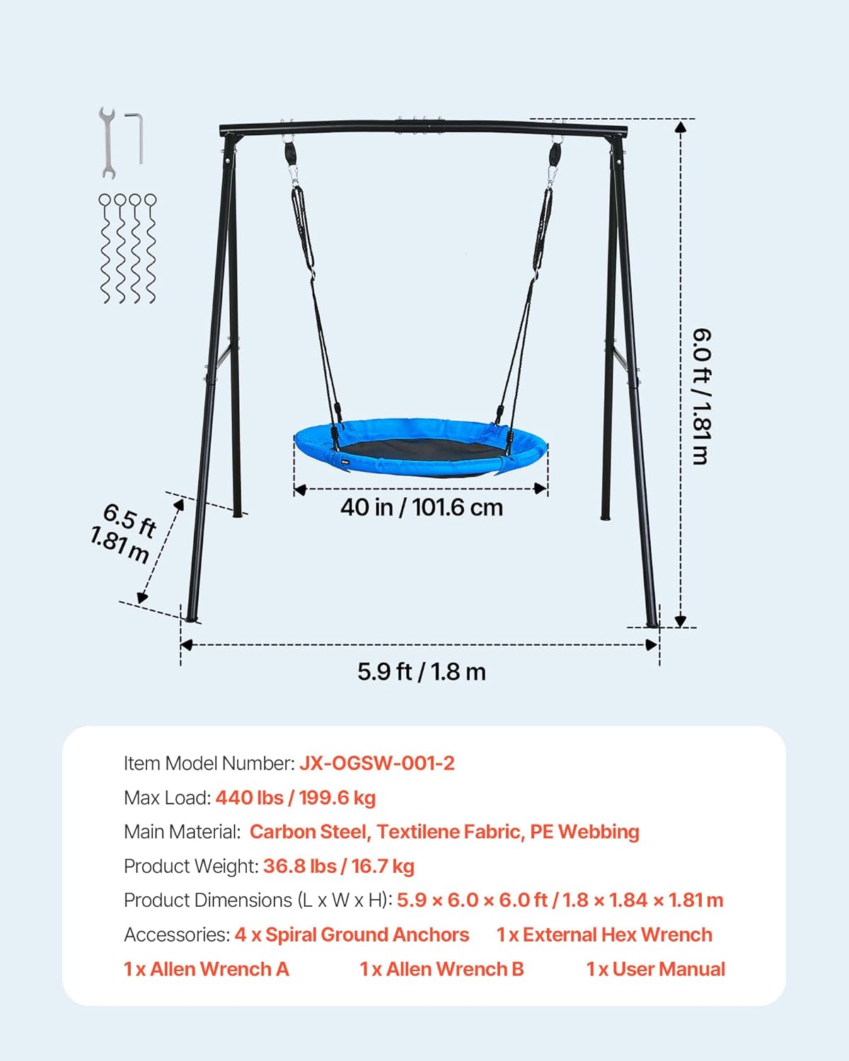 VEVOR Tuinschommel van metaal, A-vormig, voor kinderen, max. draaglast 199,6 kg, schijfschommel, structuur in de vorm van een rond zitvlak, diameter 101,6 cm, voor buiten, erf en tuin