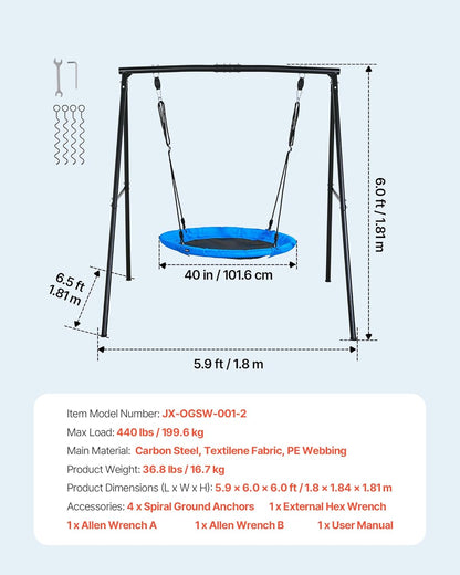 VEVOR Tuinschommel van metaal, A-vormig, voor kinderen, max. draaglast 199,6 kg, schijfschommel, structuur in de vorm van een rond zitvlak, diameter 101,6 cm, voor buiten, erf en tuin