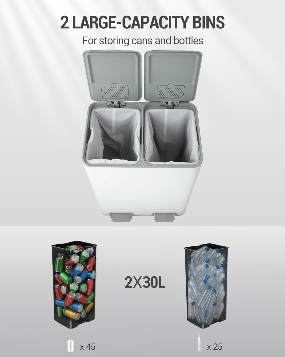 Hzuaneri Kitchen Trash Bin, Waste Separation System, 2 Compartments, 60 L (2 x 30 L), Stainless Steel Kitchen Trash Bin, Pedal Bin, Silent Slow Waste Bag, with 15 Exclusive Waste Bag, White
