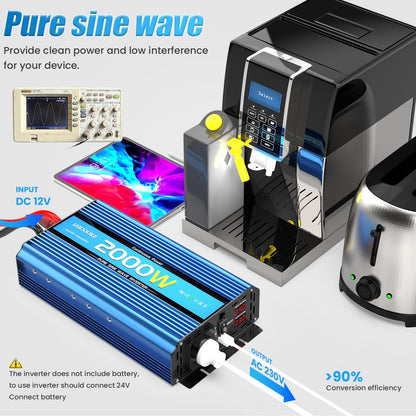 2000 W omvormer, 24 V naar 230 V, zuivere sinus, spanningsomvormer power inverter DC-omvormer met afstandsbediening, AC-stopcontacten, USB-poorten en beeldscherm, led voor camper