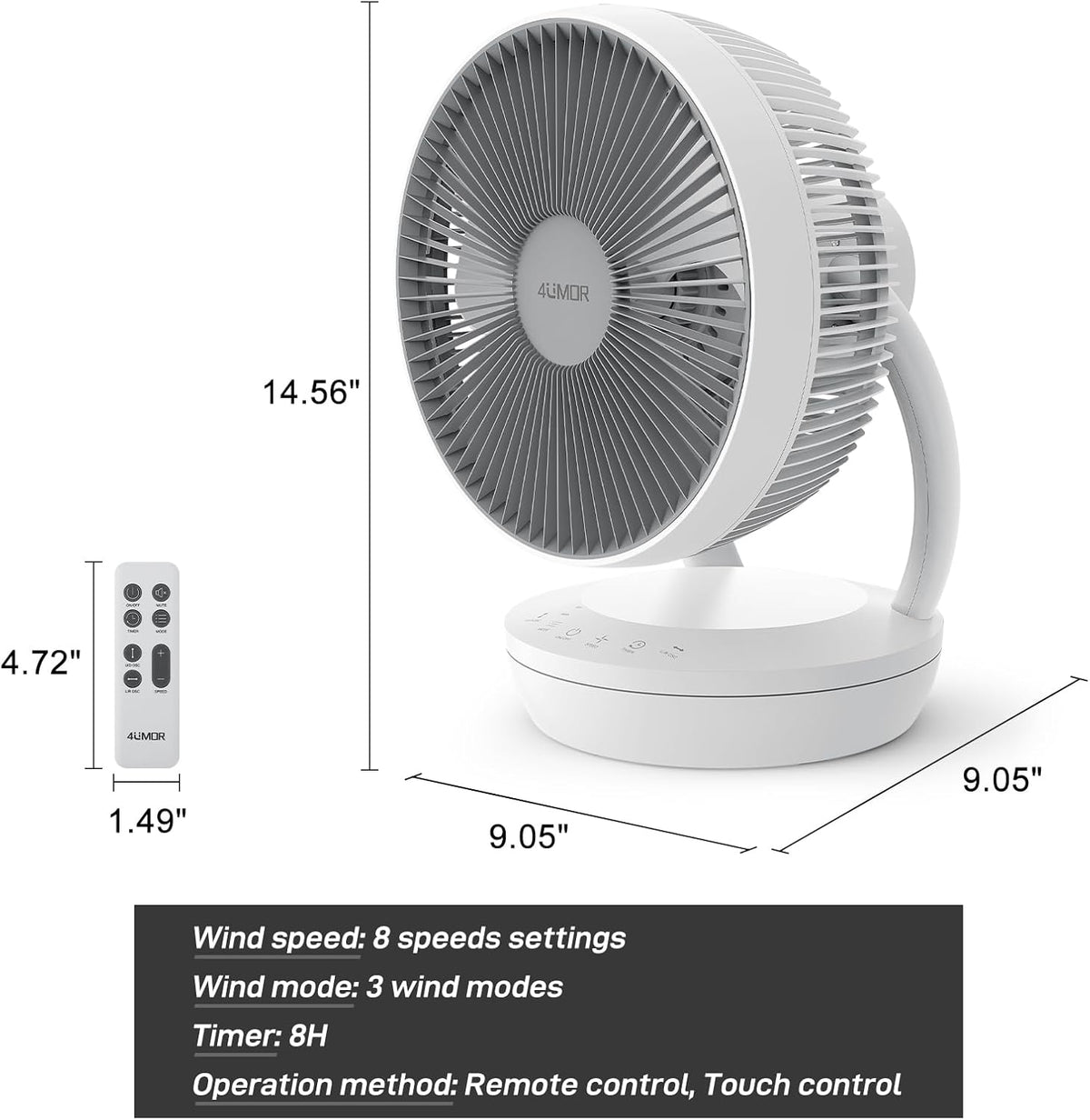 4UMOR Bureauventilator, elektrische koelventilator, oscillerende luchtcirculator, 20 dB, stille ventilator voor slaapkamers, energiezuinige, krachtige turbowind, afstandsbediening, 8 snelheden,