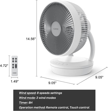 4UMOR Bureauventilator, elektrische koelventilator, oscillerende luchtcirculator, 20 dB, stille ventilator voor slaapkamers, energiezuinige, krachtige turbowind, afstandsbediening, 8 snelheden,