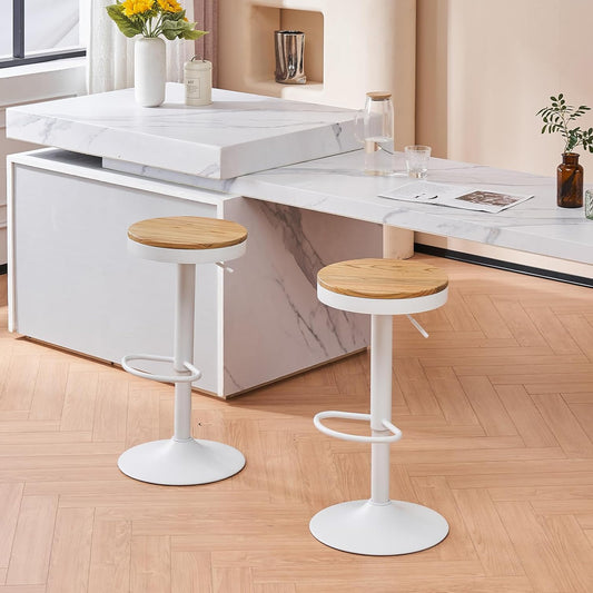 YOUNIKE Bar Stool, Set of 2, Wooden Bar Stool, High Bar Stool, Metal Frame, 360° Height Adjustable, Rotatable, with Footrest, Industrial White - QUORE